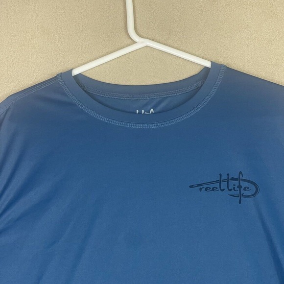 Reel‎ Life Mens XL Long Sleeve Performance Fishing Shirt Blue Crew Neck Logo - Picture 2 of 12